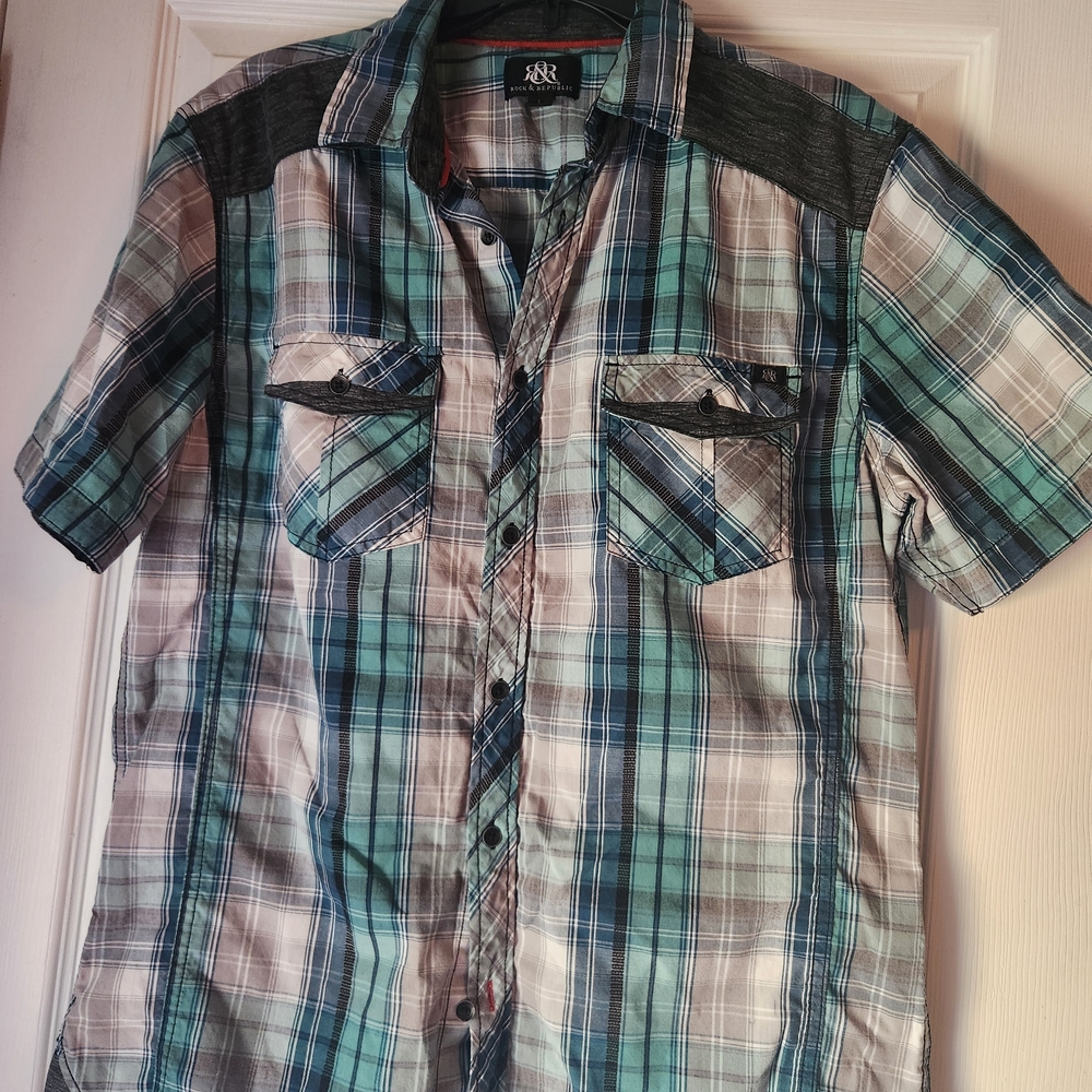 Rock & Republic Teal, Blue and Gray Plaid Button Down Shirt